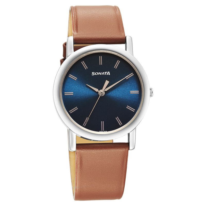 Sonata Classic Quartz Analog Blue Dial Brown Leather Strap Watch for Men - image number 0