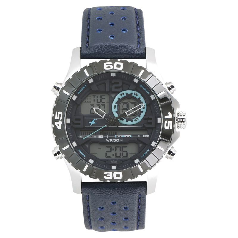 Fastrack Quartz Analog Digital Grey Dial Leather Strap Watch for Guys