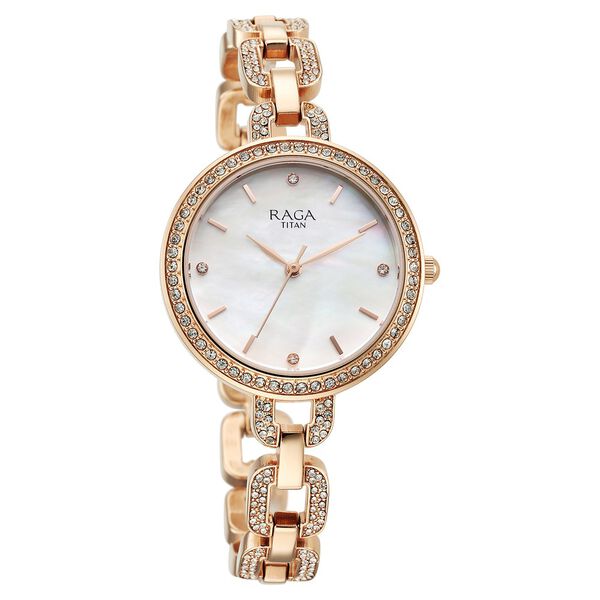 Titan Raga Showstopper Quartz Analog Mother Of Pearl Dial Rose Gold Metal Strap Watch For Women - image number 1
