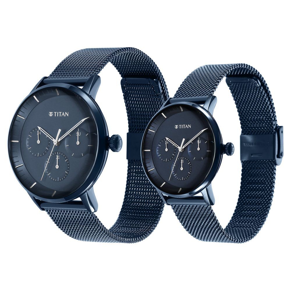 Buy Online Titan Modern Bandhan Blue Dial Quartz Multifunction Stainless Steel Strap watch for Couple ns9400694206qm01p Titan