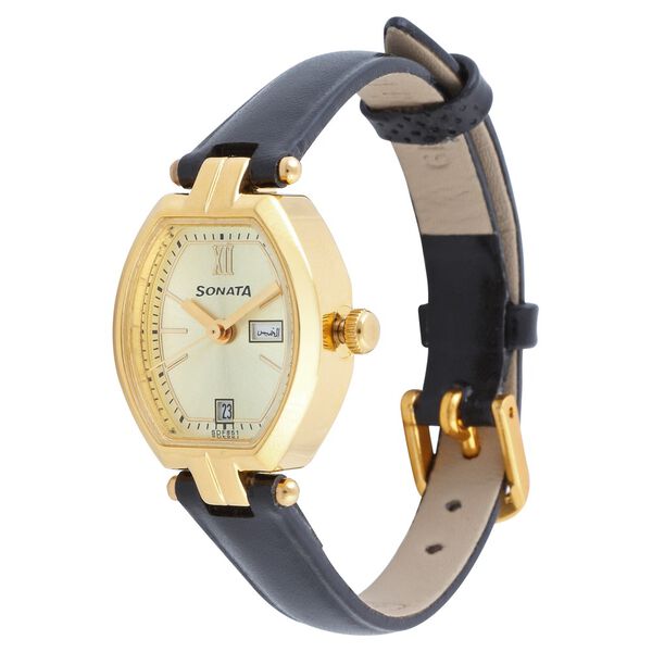 Sonata Quartz Analog with Day and Date Champagne Dial Leather Strap Watch for Women - image number 1