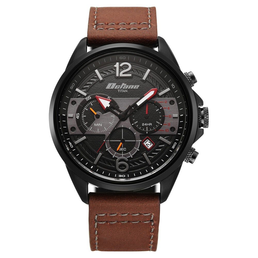 Titan Octane Cred Analog with Black Dial Brown Leather Strap Watch for Men-image-2