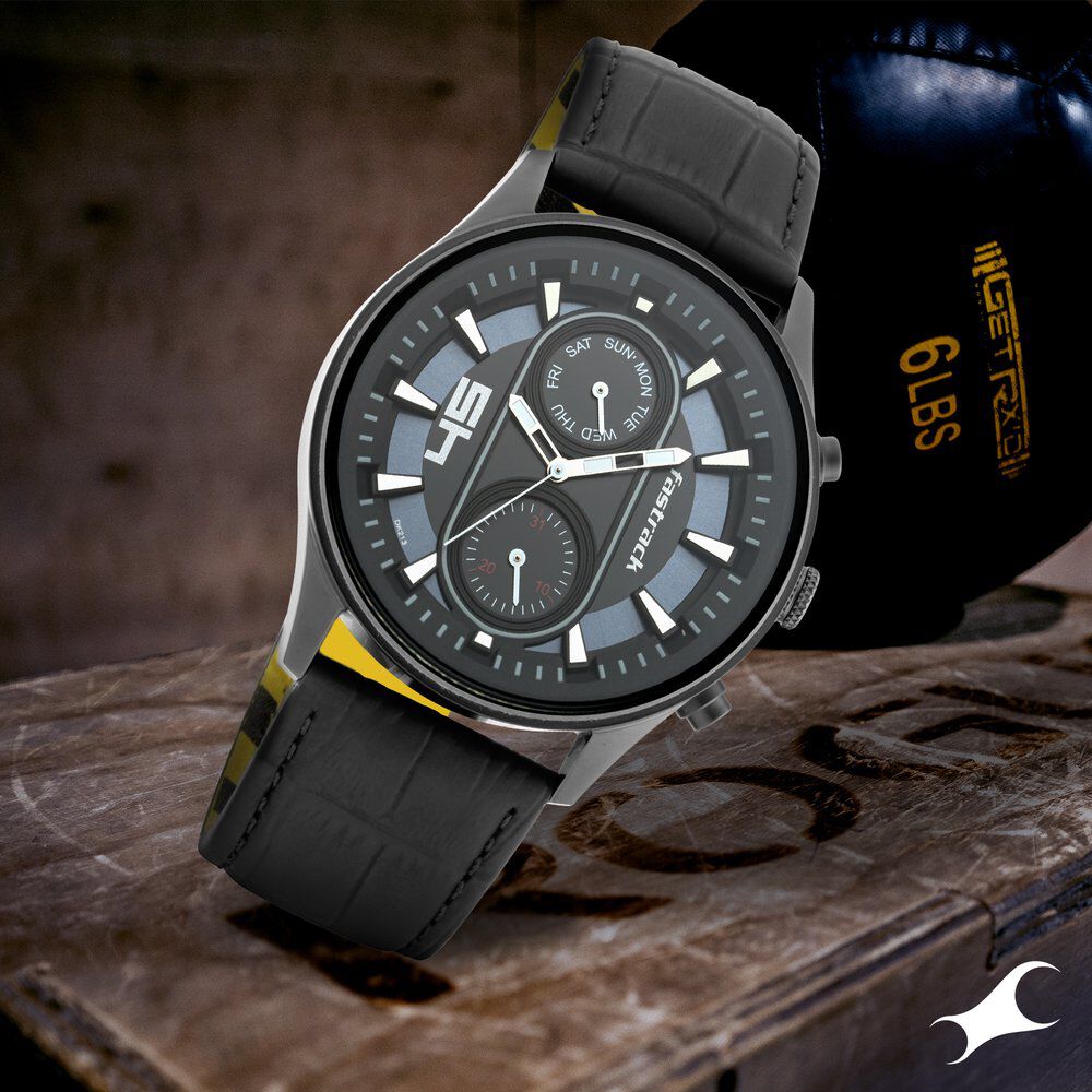 Buy Online Fastrack Fastfit Quartz Analog with Day and Date Black Dial Leather Strap Watch for Guys ns3224nl01 Titan