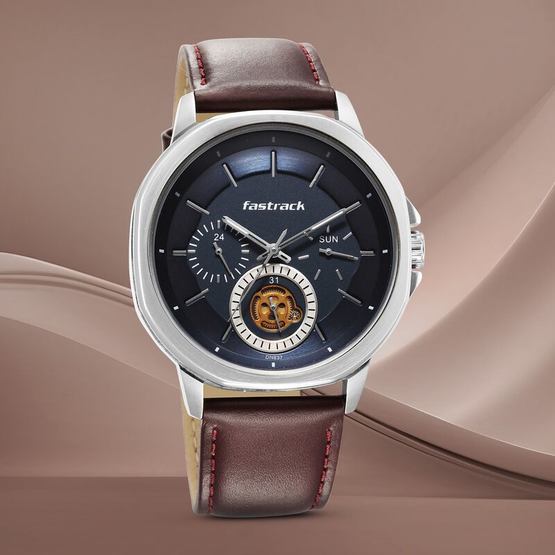 Fastrack Exuberant Quartz Multifunction Blue Dial Leather Strap Watch for Guys