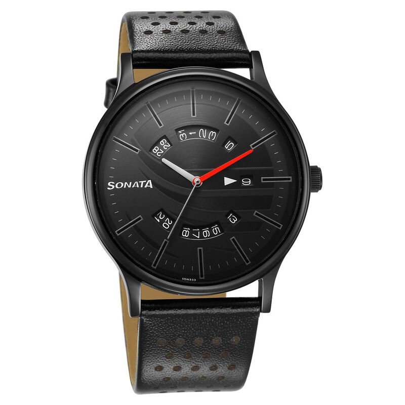 Sonata RPM Black Dial Leather Strap Watch for Men
