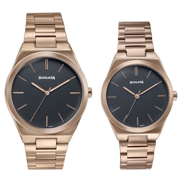 Sonata Wedding Edit Quartz Analog Black Dial Stainless Steel Strap Watch For Pair - image number 1