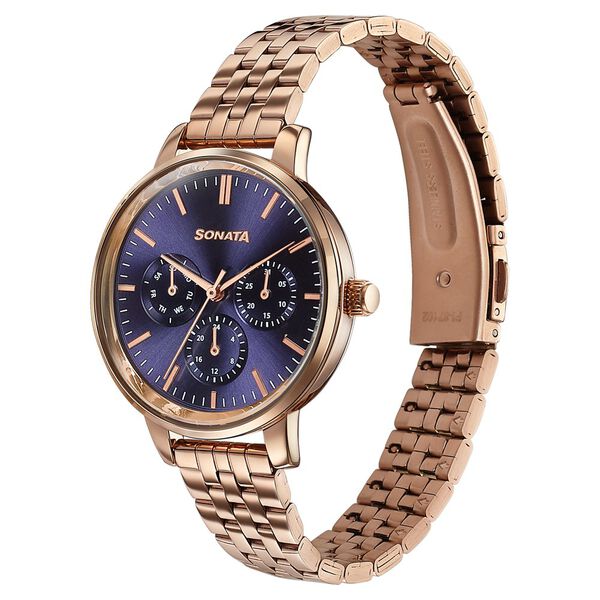 Sonata Verve Quartz Multifunction Blue Dial Rose Gold Metal Strap Watch For Women - image number 2