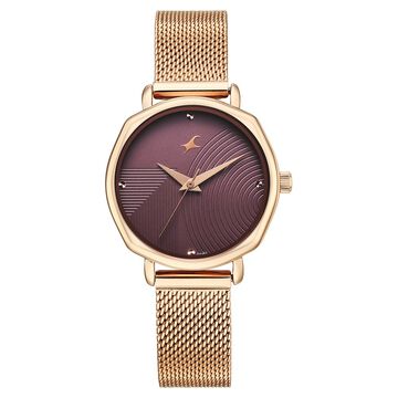 Fastrack Stunners Quartz Analog Purple Dial Rose Gold Stainless Steel Strap Watch For Girls