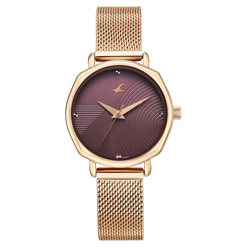 Fastrack Stunners Quartz Analog Purple Dial Rose Gold Stainless Steel Strap Watch For Girls