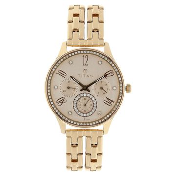 Titan Purple Rose Gold Dial Quartz Multifunction Stainless Steel Strap Watch for Women