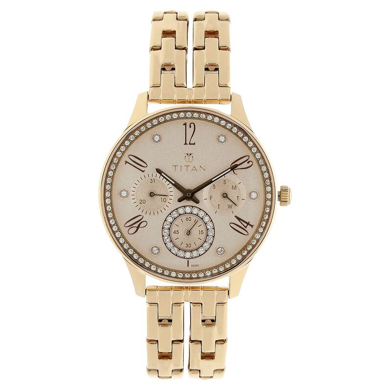 Titan Purple Rose Gold Dial Quartz Multifunction Stainless Steel Strap Watch for Women