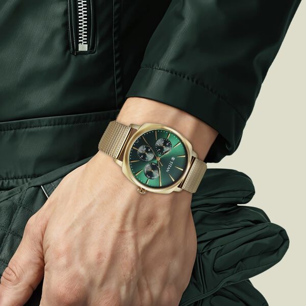 Titan Classique Suave Quartz Green Dial Golden Stainless Steel Mesh Strap Watch for Men - image number 4