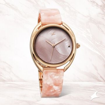 Fastrack Younique Quartz Analog Pink Color Mother Of Pearl Dial Acetate And Metal Strap Watch For Girls