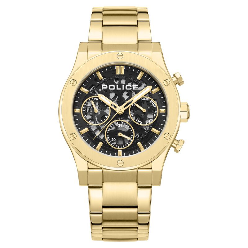 Police Quartz Multifunction Black Dial Golden Colour Stainless Steel Strap Watch For Men