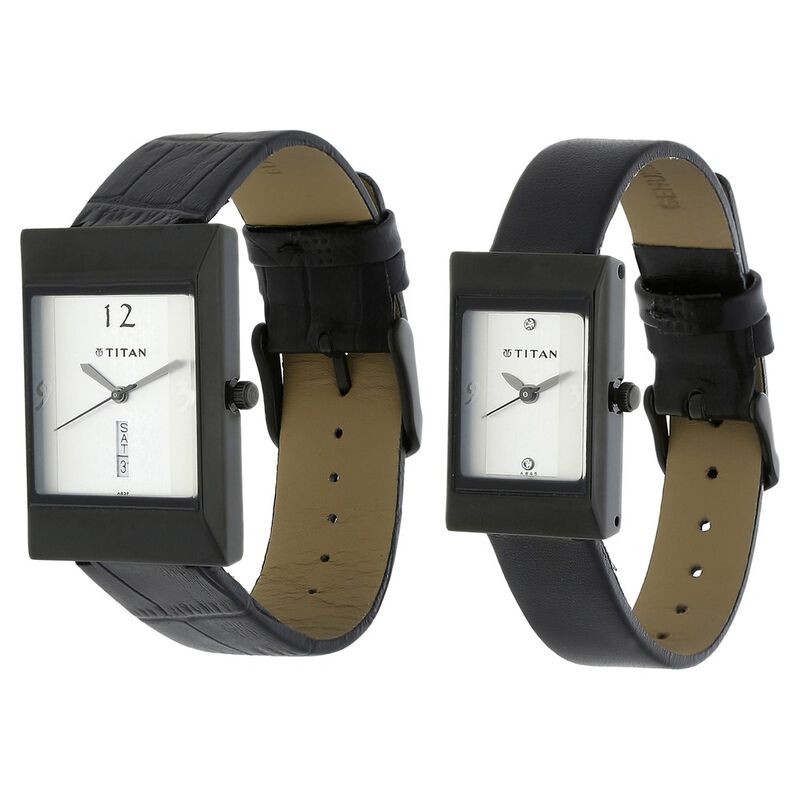 Titan Quartz Analog with Day and Date Silver Dial Leather Strap Watch for Couple - image number 1