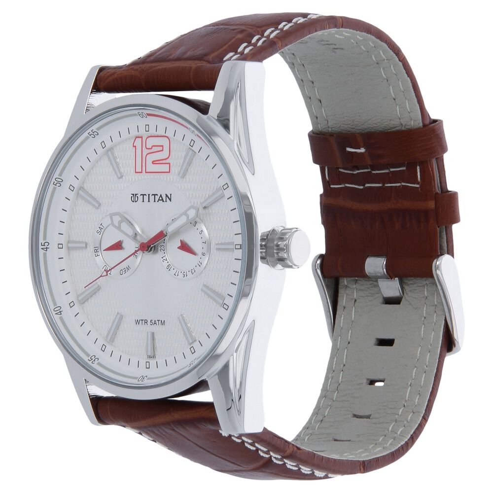 Buy Online Titan Quartz Multifunction Silver Dial Leather Strap Watch for Men nk9322sl06 Titan