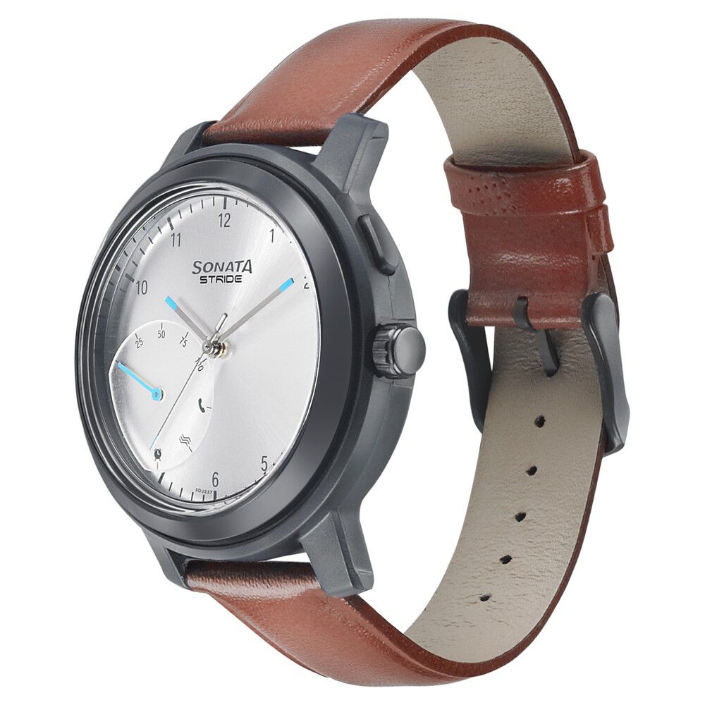 Sonata Stride Smart Silver Dial Leather Strap Watch for Men