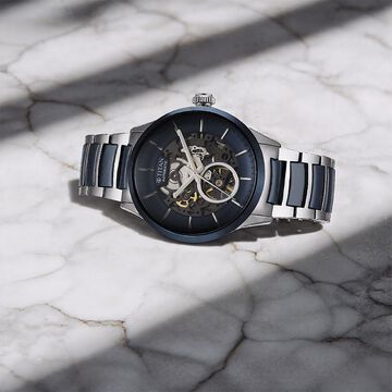 Titan Ceramic Fusion Automatic Blue Dial Silver Dual-Toned Stainless Steel Bracelet Watch for Men