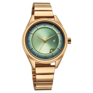 Fastrack Style Up Quartz Analog with Date Green Dial Rose Gold Colour Stainless Steel Strap Watch For Girls