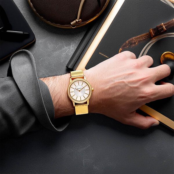 Titan Nebula Vintage Samrat 18k Gold Analog Diamond Studded Milanese Strap Watch for Men - image number 7