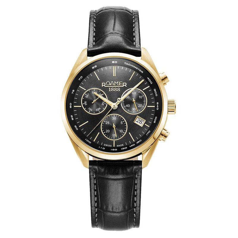 Roamer Pro Chrono Quartz Chronograph With Date Black Dial Black Leather Strap Watch For Men