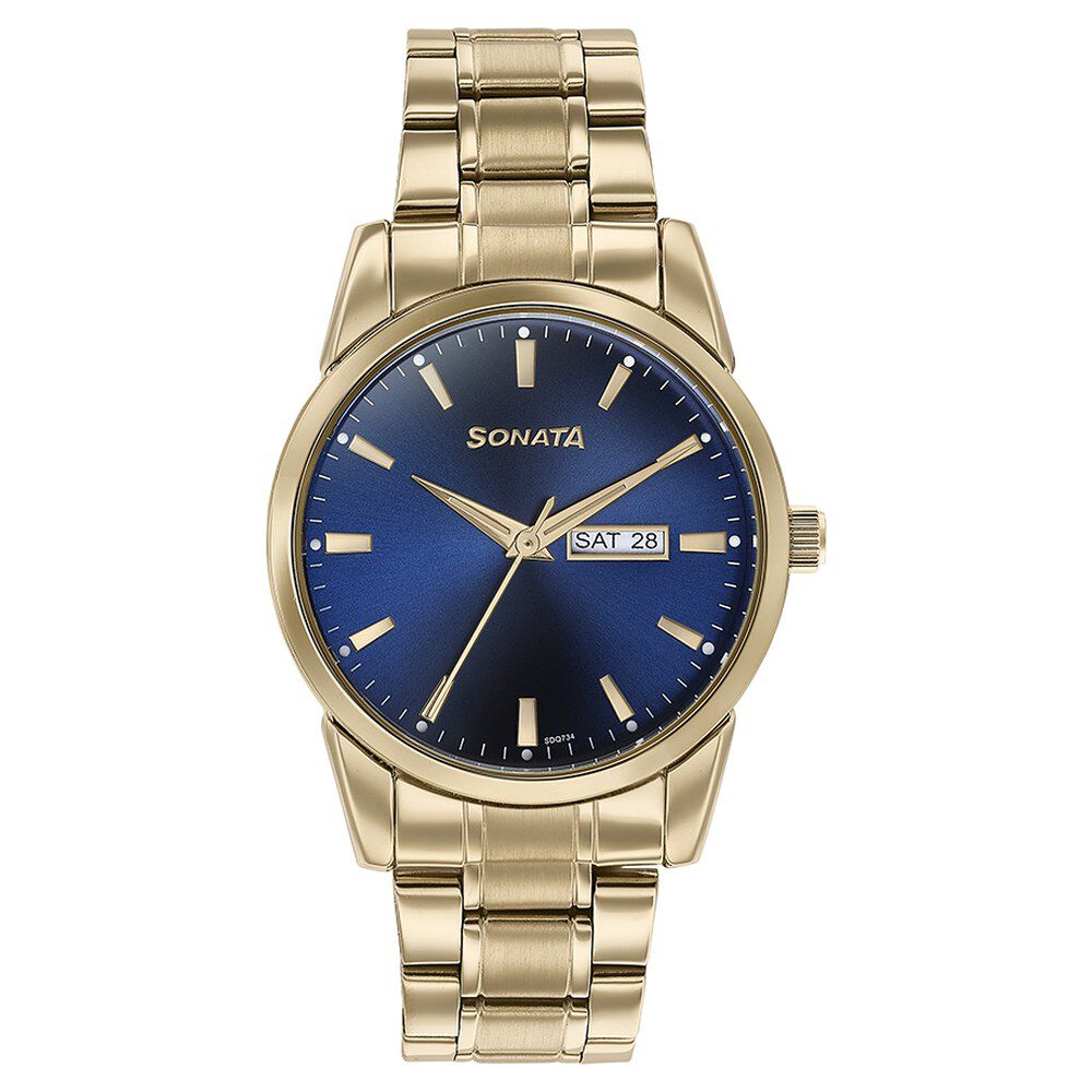 Buy Online Sonata Quartz Analog with Day and Date Blue Dial Golden Stainless Steel Strap Watch For Men 77147ym01 Titan