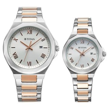 Titan Bandhan Quartz Analog with Date White Dial Two Toned Stainless Steel Strap Watch For Couple