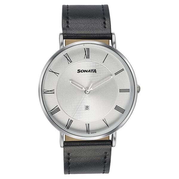 Sonata Quartz Analog with Date Silver Dial Black Leather Strap Watch For Men - image number 1