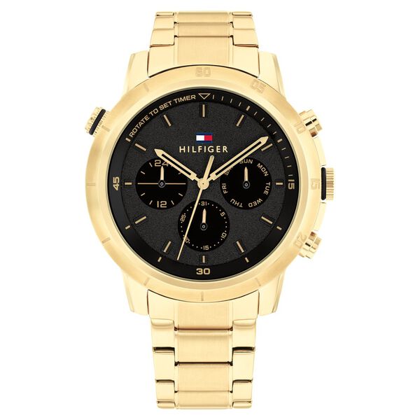 Tommy Hilfiger Multifunction Black Round Dial Golden Stainless Steel Strap Watch For Men - image number 0
