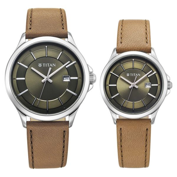 Titan Bandhan Quartz Analog with Date Green Dial Brown Leather Strap Watch For Couple - image number 0