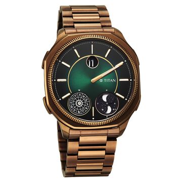 Titan Stellar Jumping Hour Micromotors Zodiac Analog with Dual Moonphase and Green Dial IP Bronze Stainless Steel Watch for Men