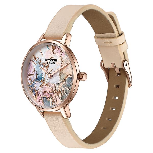 Sonata Poze Quartz Analog Multicoloured Dial Cream Colour Leather Strap Watch For Women - image number 4