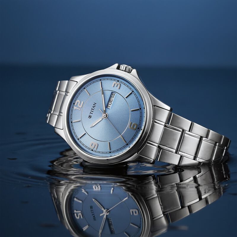 Titan Neo Arabic Analog with Day Date Ice Blue Dial Silver Stainless Steel Strap Watch for Men