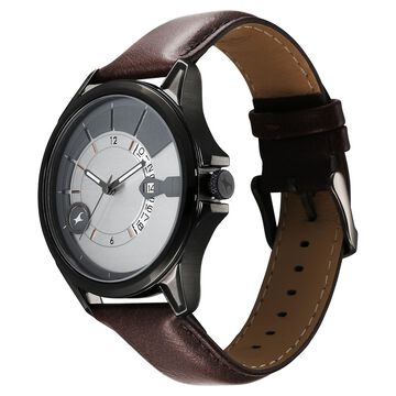 Fastrack Groove Quartz Analog with Date Two Toned Dial Brown Leather Strap Watch For Guys