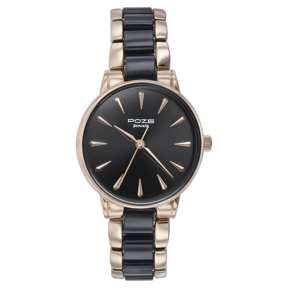 Buy Online Sonata Poze Quartz Analog Black Dial Black | Rose Gold