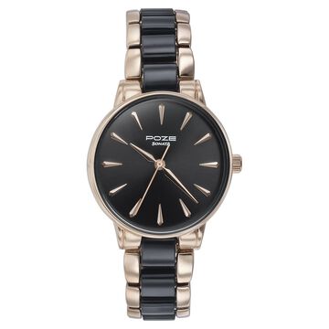 Sonata Poze Quartz Analog Black Dial Black | Rose Gold Color Metal With Crystal Strap Watch For Women