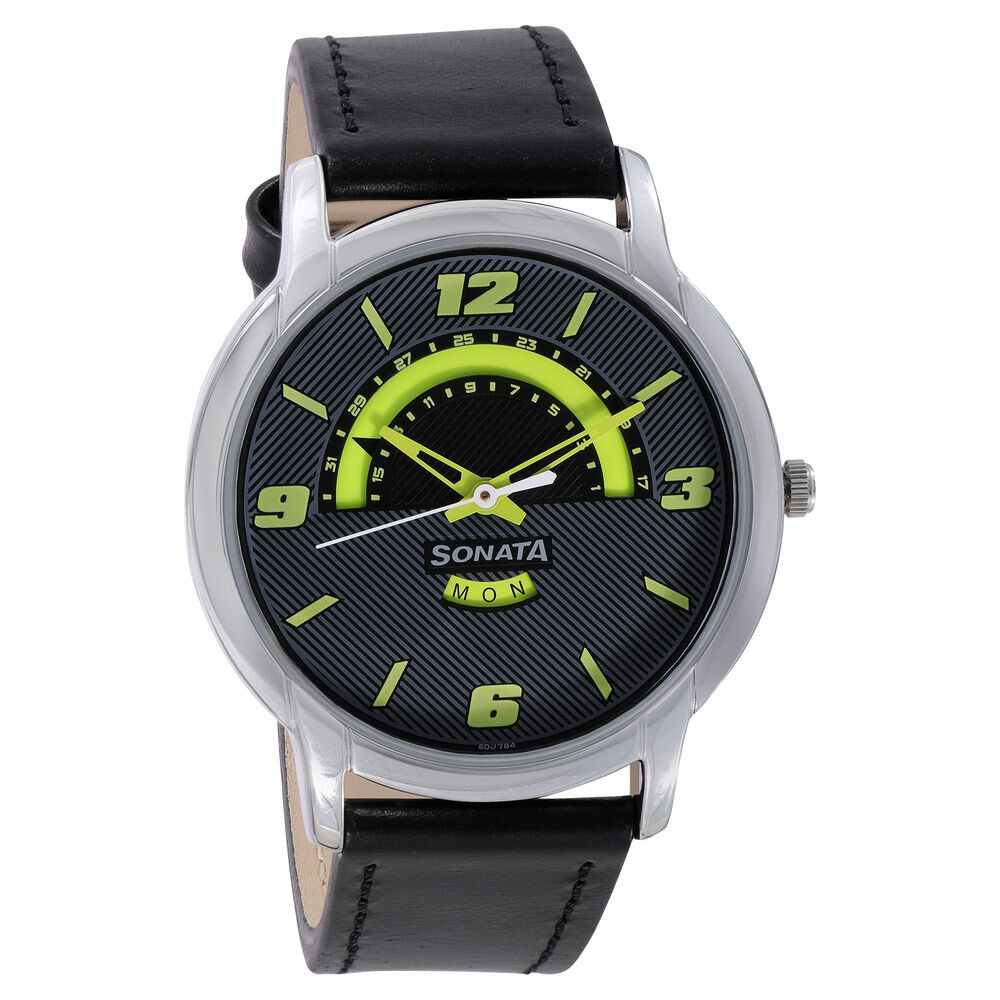 Buy Online Sonata Quartz Analog Black Dial Leather Strap Watch for