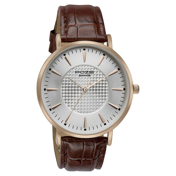 Sonata Poze Quartz Analog Silver Dial Tan Leather Strap Watch For Men - image number 2