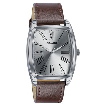 Sonata Ascent Silver Tonneau Watch with Leather Strap