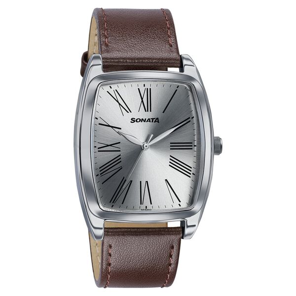 Sonata Ascent Silver Tonneau Watch with Leather Strap - image number 1