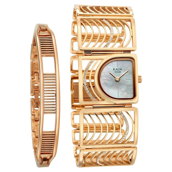 Titan Raga Ethereal Quartz Analog Mother of Pearl Dial Rose Gold Stainless Steel Strap Watch For Women - image number 0