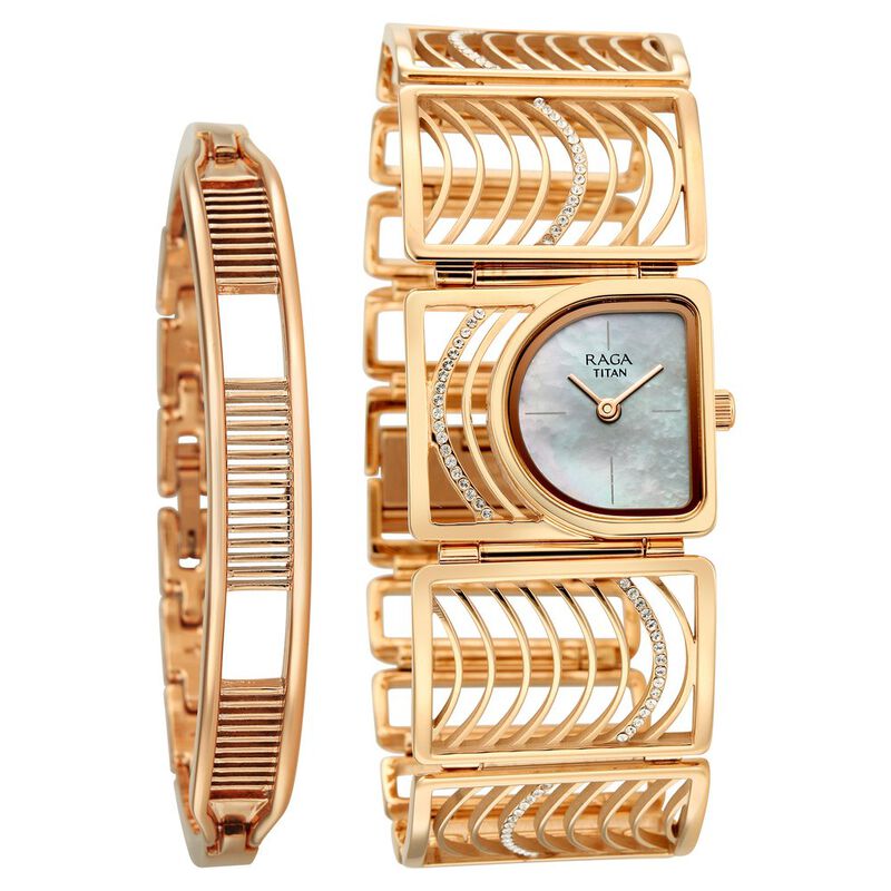 Titan Raga Ethereal Quartz Analog Mother of Pearl Dial Rose Gold Stainless Steel Strap Watch For Women