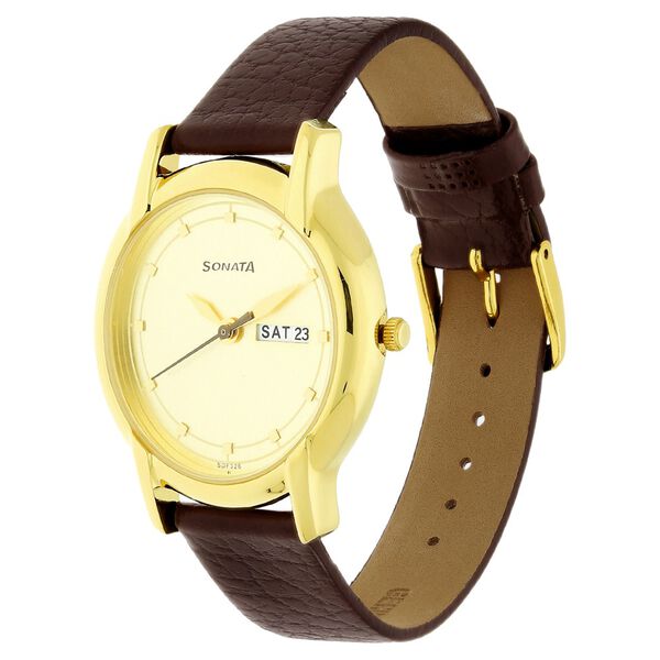 Sonata Quartz Analog with Day and Date Champagne Dial Leather Strap Watch for Men - image number 1