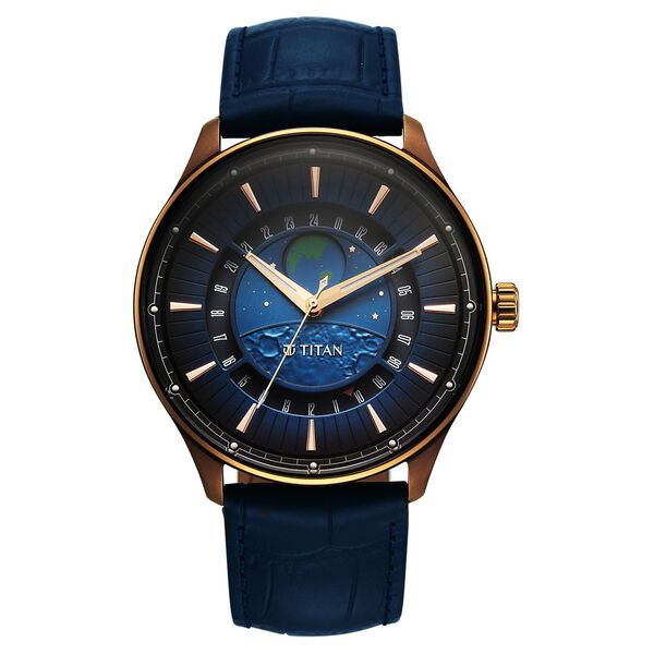 Titan Stellar Analog with Earth Disc and Blue Dial Blue Leather Strap Watch for Men - image number 1