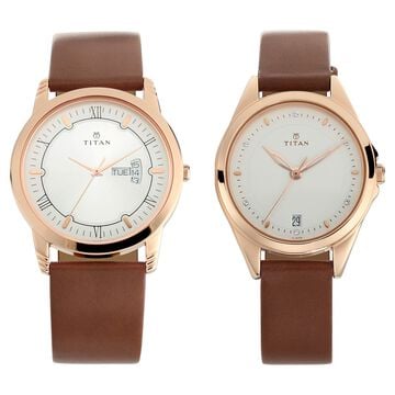 Titan Quartz Analog with Day and Date Silver Dial Leather Strap Watch for Couple