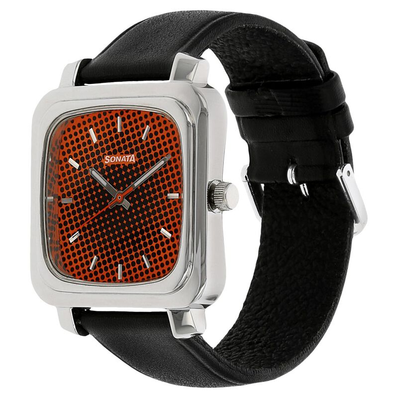 Sonata Quartz Analog Orange Dial Leather Strap Watch for Men - image number 1