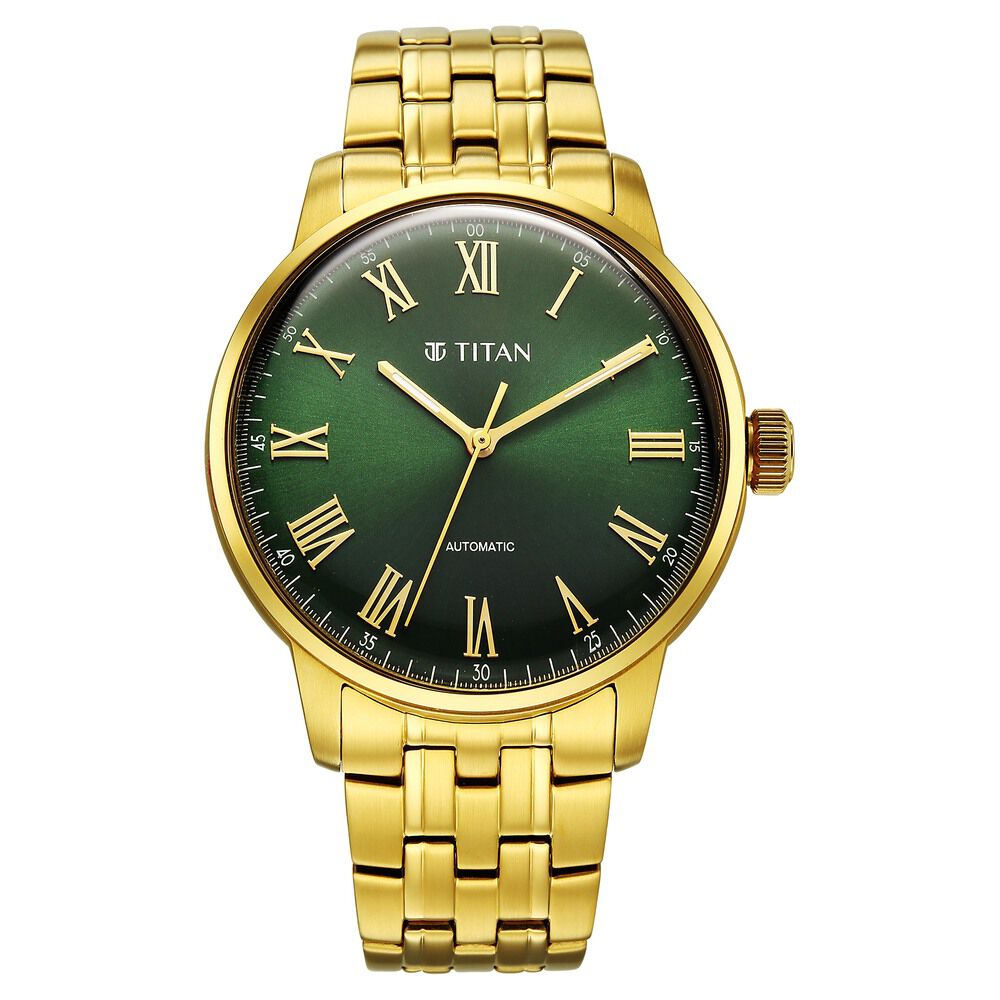 Titan Aurelian Concealed Automatic Analog with Green Dial Roman Numerals Yellow Gold Stainless Steel Strap Watch for Men-picture-15