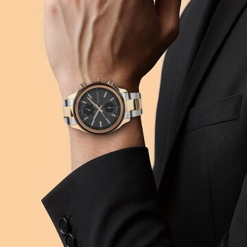 Titan Men's Metropolitan Luxe: Multifunction Black Dial with Two-Tone Stainless Steel Bracelet Watch