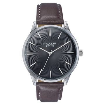 Sonata Poze Quartz Analog Black Dial Brown Color Leather Strap Watch For Men
