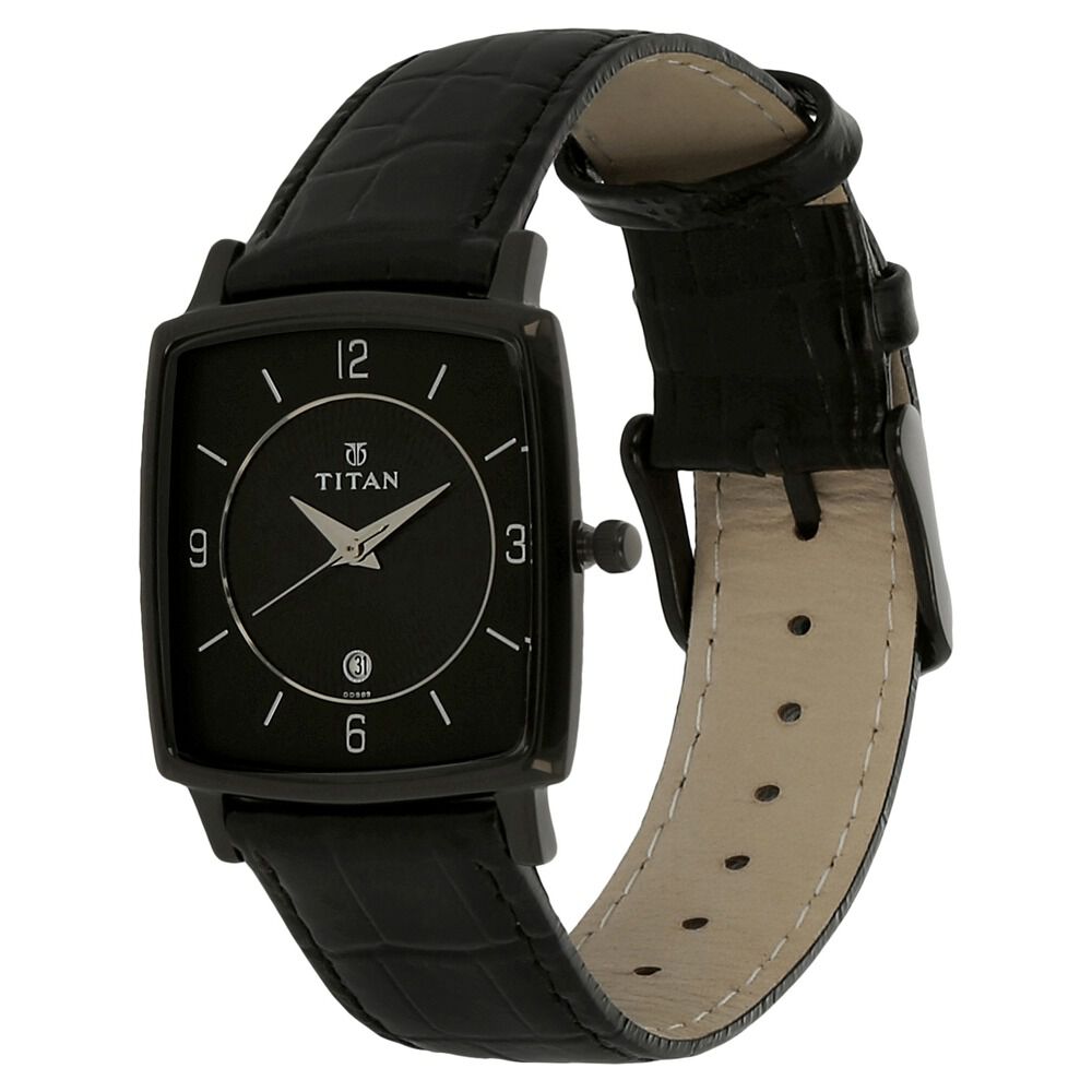 Buy Online Titan Quartz Analog with Date Black Dial Leather Strap